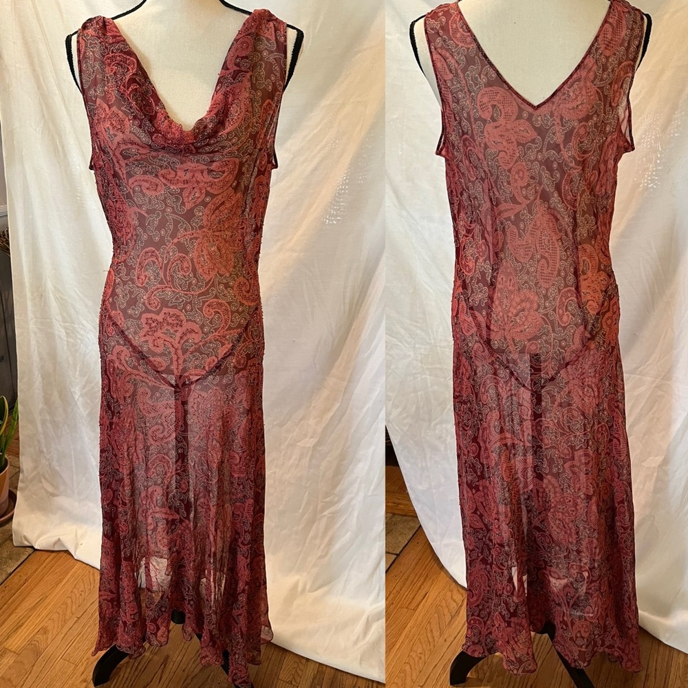 Vintage Y2K silk beaded sheer cowl neck dress